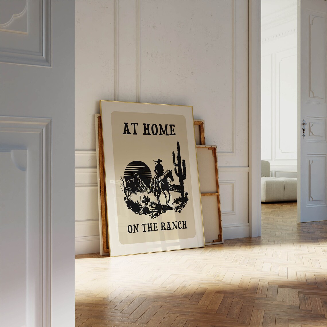 At Home On The Ranch Cowboy Sunset Desert Retro Western Quote Poster - Image 2