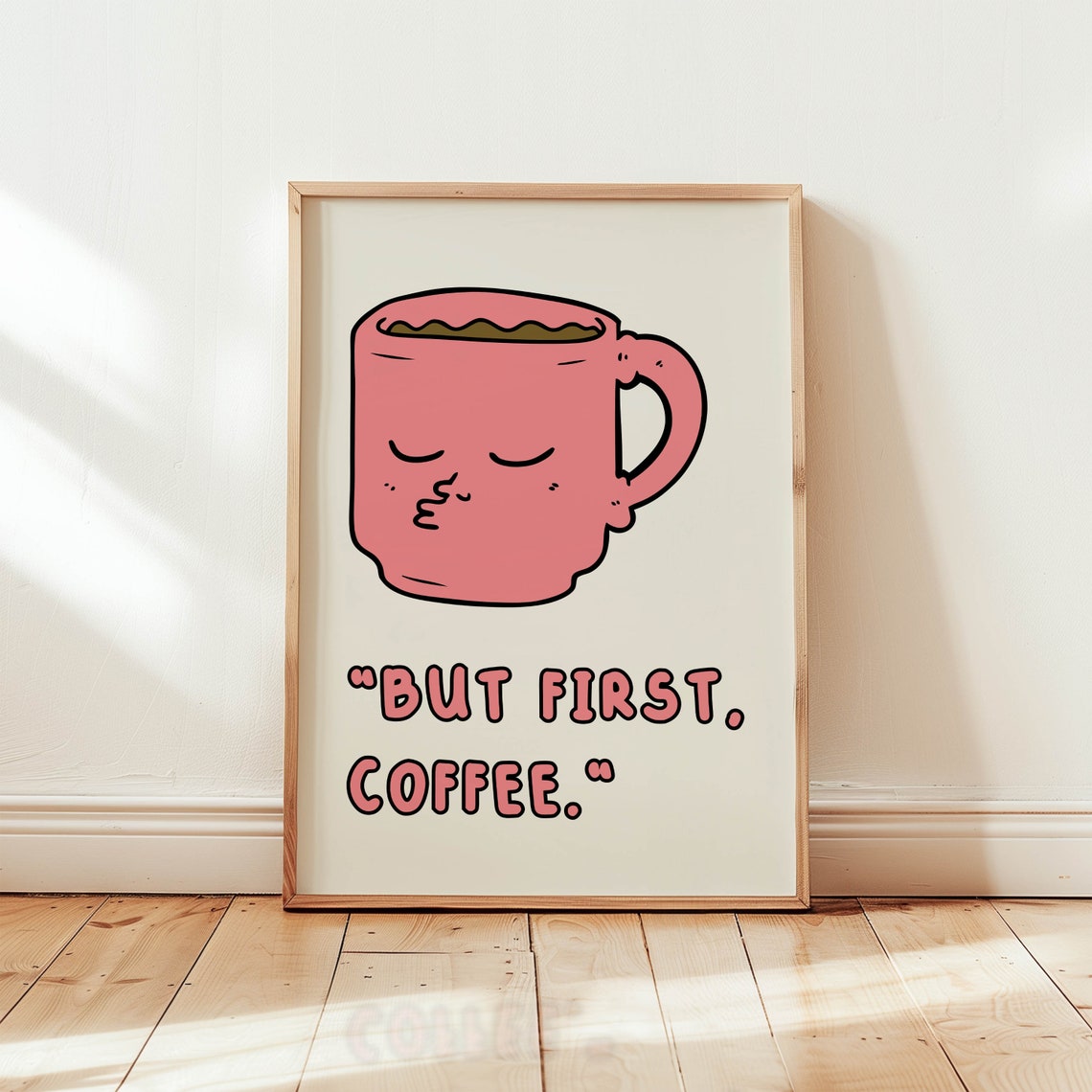 But First Coffee Pink Cartoon Mug Face Kitchen Humor Wall Poster - Image 2