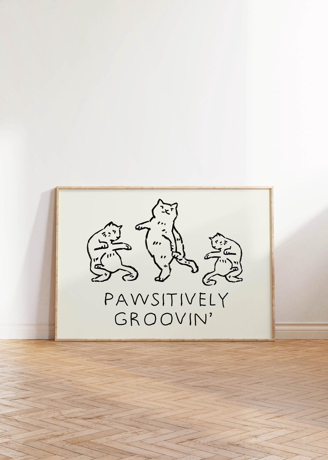 Pawsitively Groovin Cute Dancing Cats Retro Black Line Art Poster - Image 2
