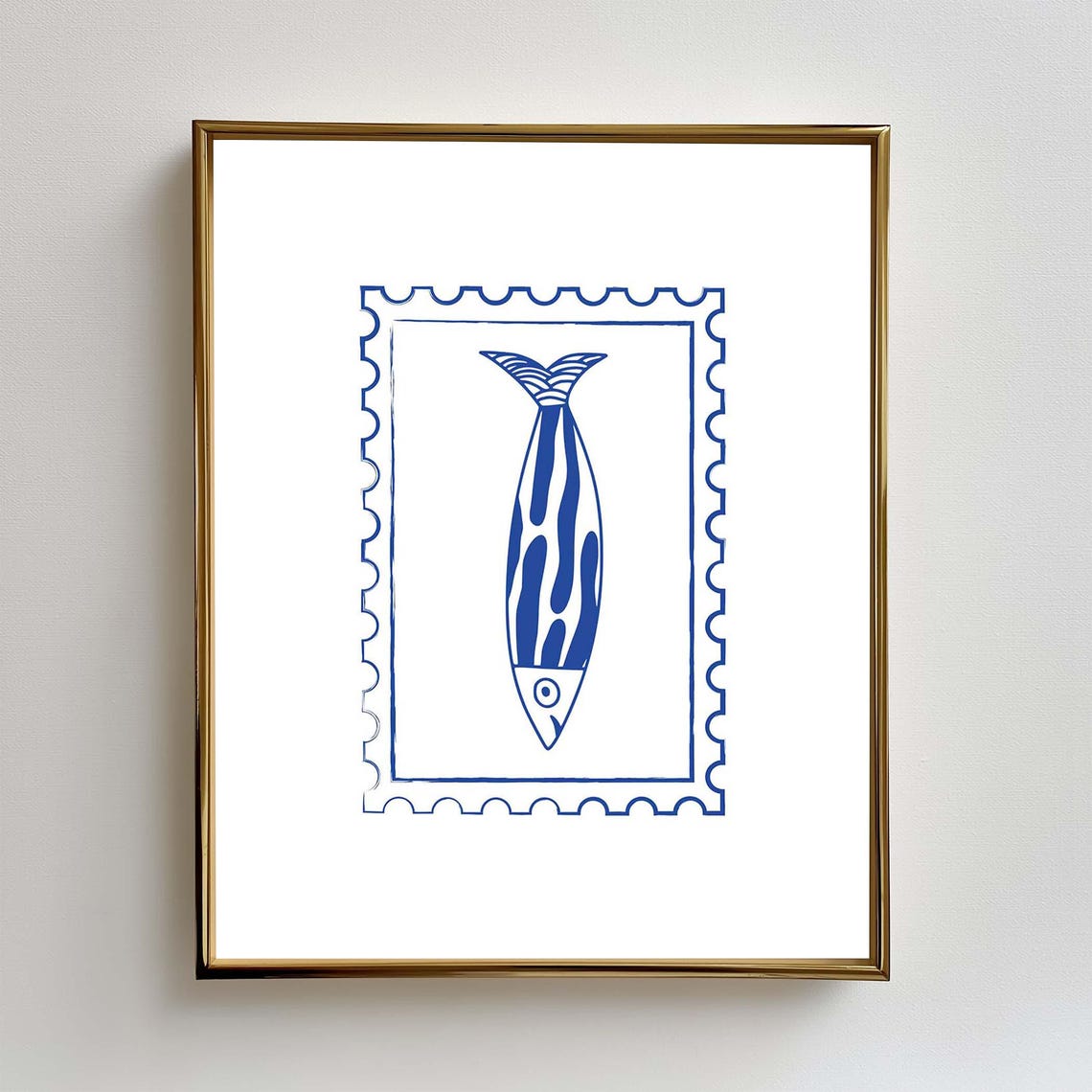 Sardine Fish Stamp Coastal Kitchen Mediterranean Blue Line Art Print