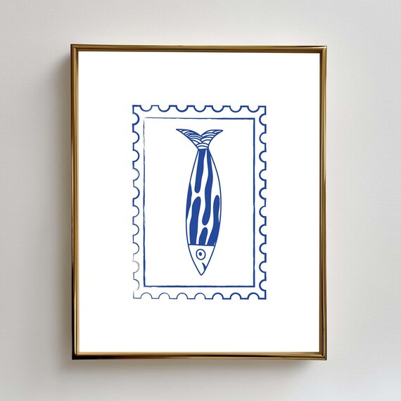 Sardine Fish Stamp Coastal Kitchen Mediterranean Blue Line Art Print