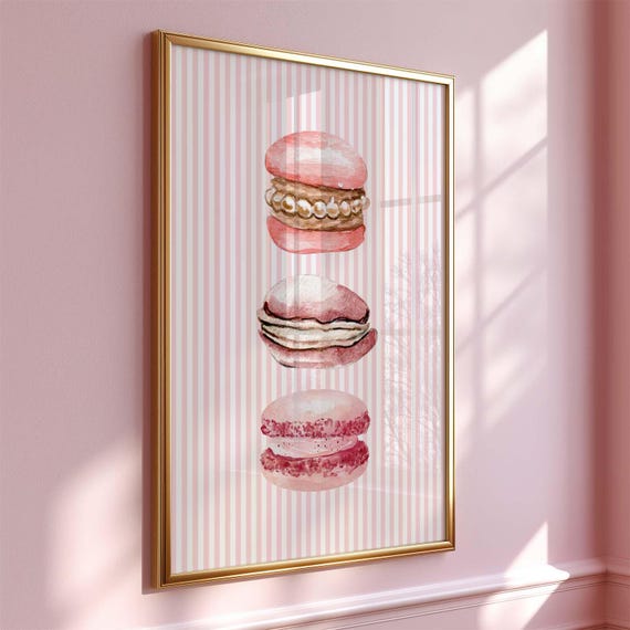 Pink Macaron Art French Patisserie Print For Kitchen Watercolor Dessert Poster Dining Room Sweet Girly Wall Decor Instant