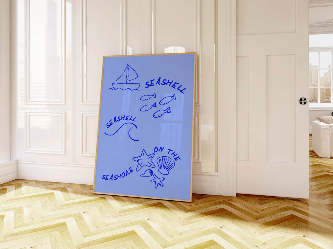 Seashell On The Seashore Blue Sailboat Hand Drawn Coastal Art Poster - Image 4