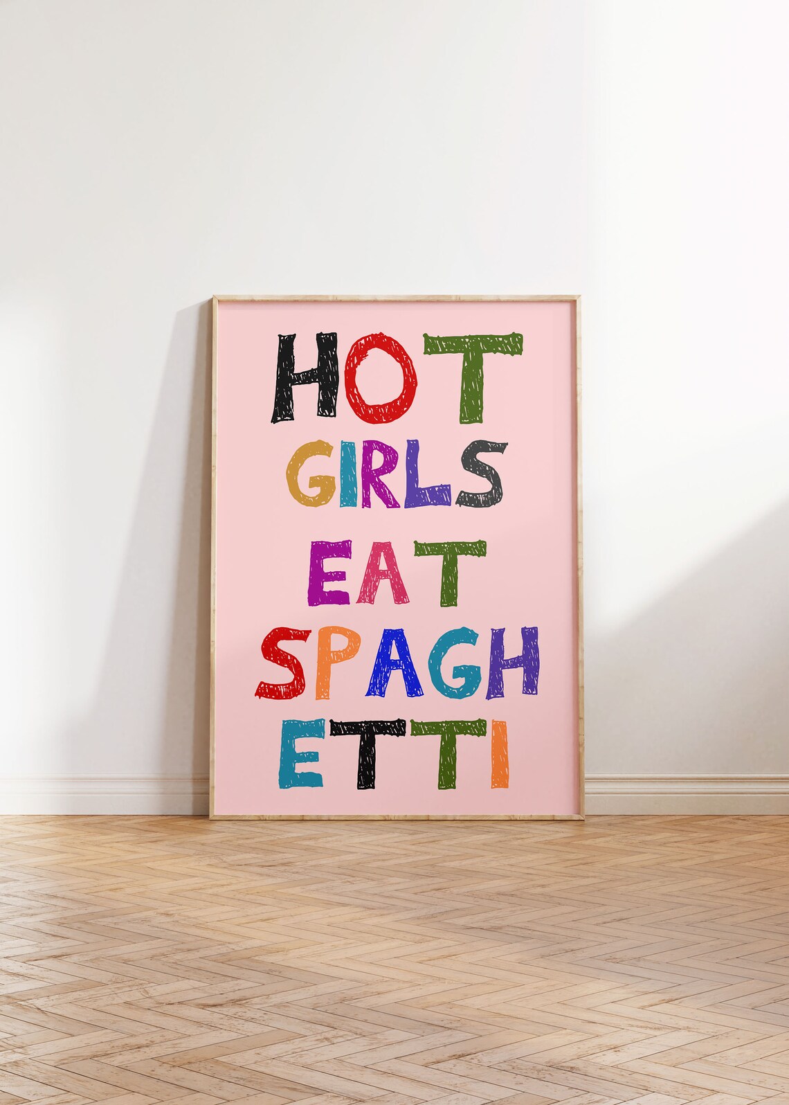 Hot Girls Eat Spaghetti Colorful Hand Lettering Pink Food Poster