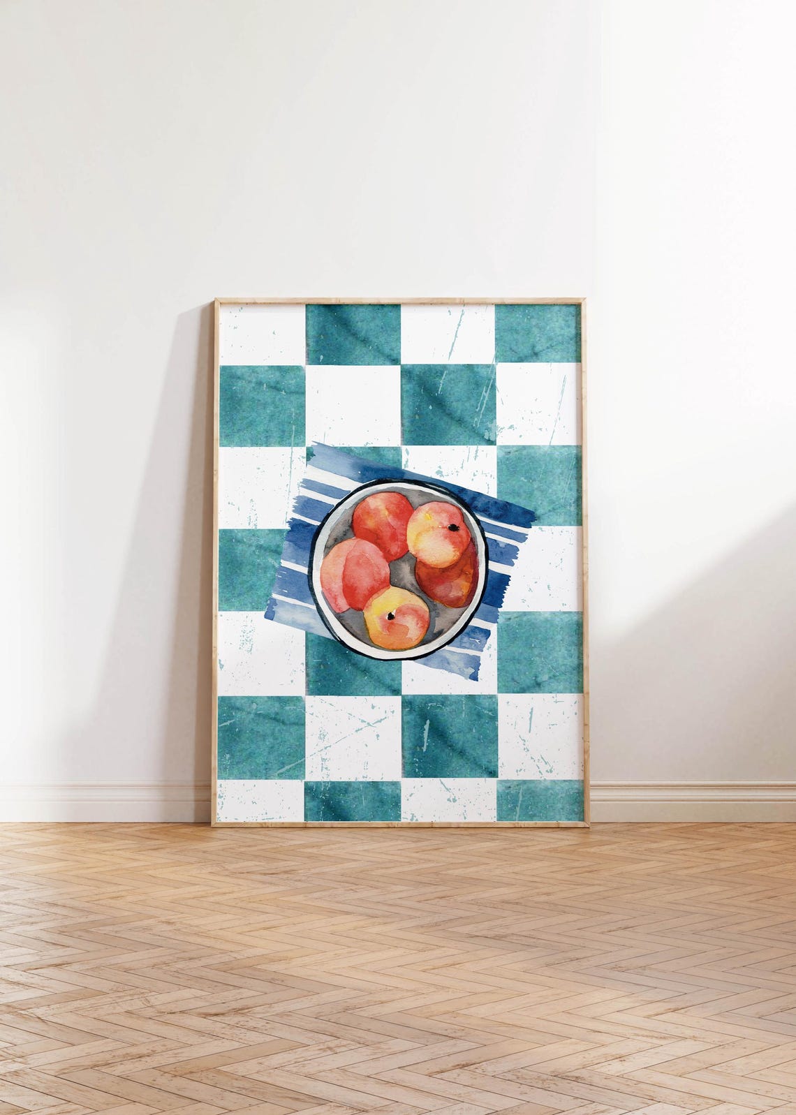Watercolor Peaches Bowl Blue Checkered Tablecloth Kitchen Art Poster - Image 2