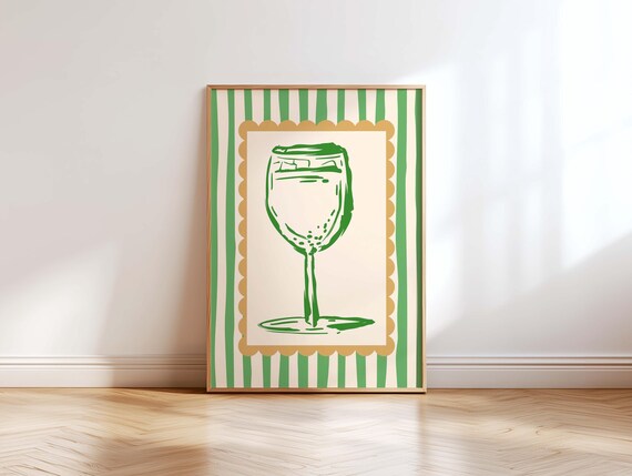 Green Wine Glass Sketch on Striped Scallop Bar Cocktail Print
