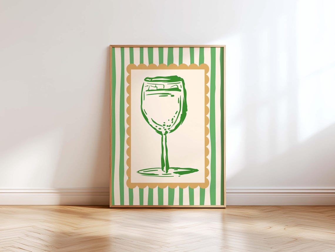 Green Wine Glass Sketch on Striped Scallop Bar Cocktail Print