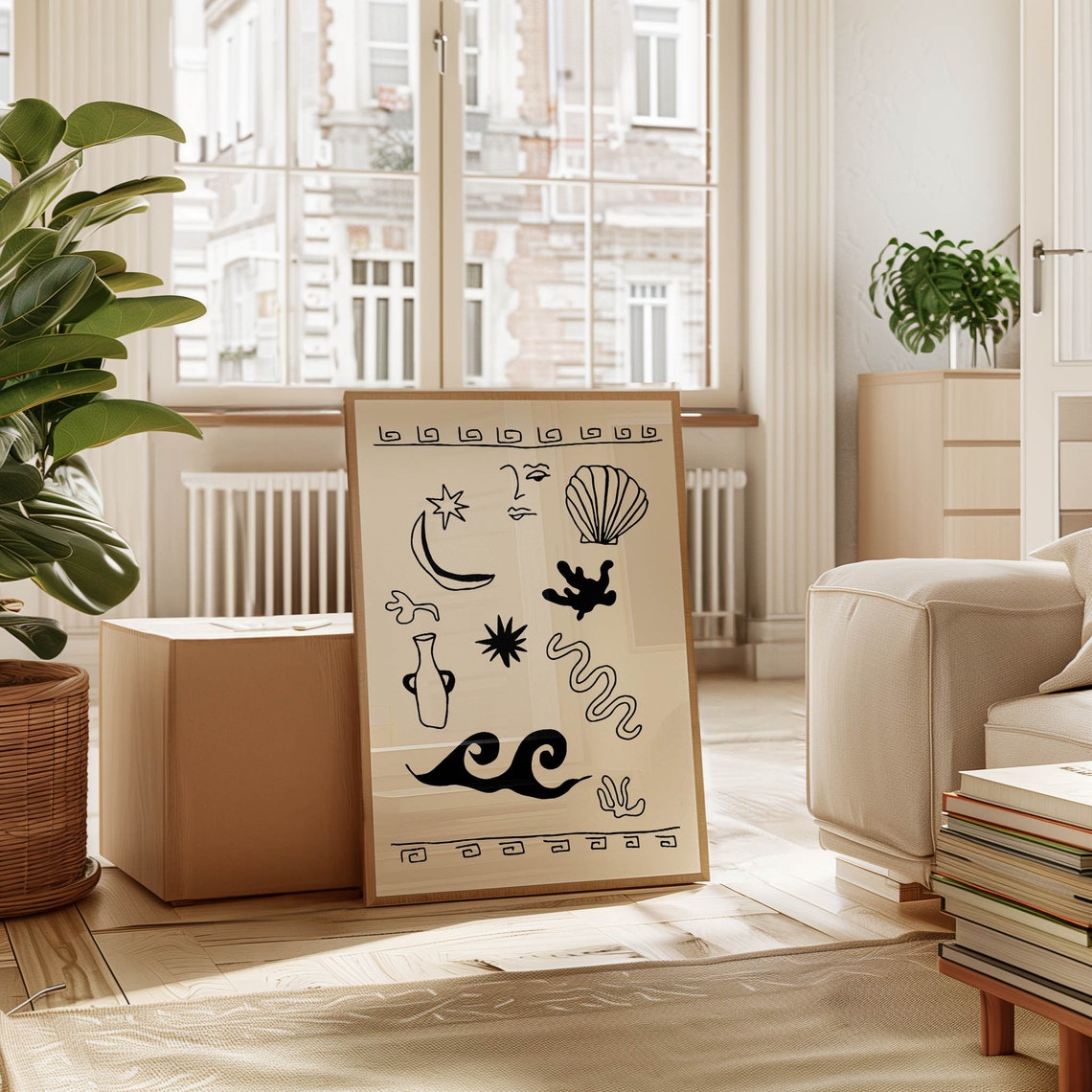 Greek Coastal Icons Black Line Art Shell Moon Wave Poster Decor - Image 4