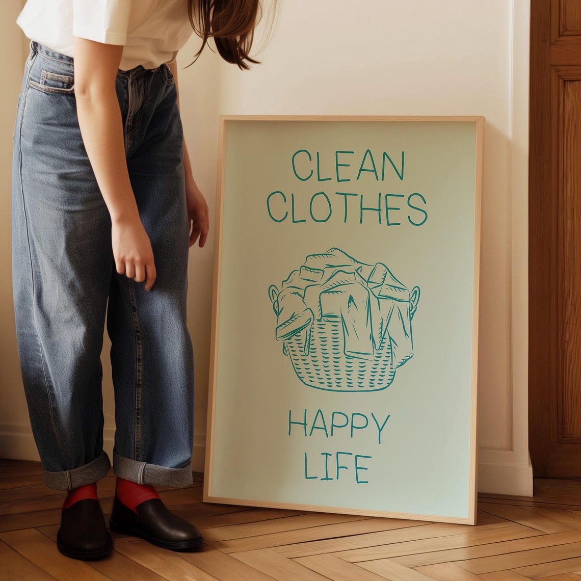 Clean Clothes Happy Life Laundry Poster Teal Laundry Basket Line Art - Image 2