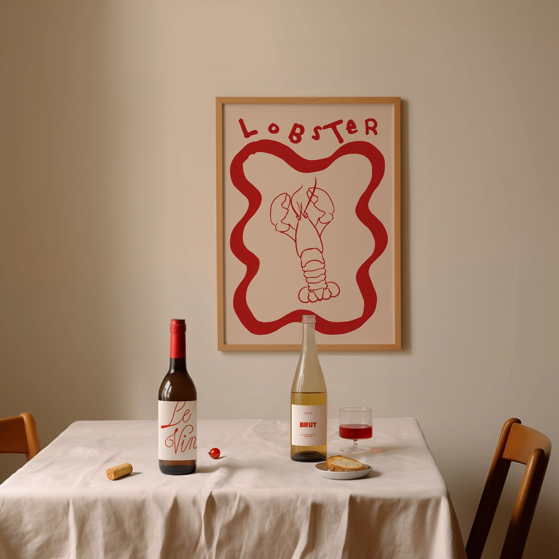 Lobster Red Line Art Wavy Border Seafood Kitchen Wall Decor Poster - Image 3