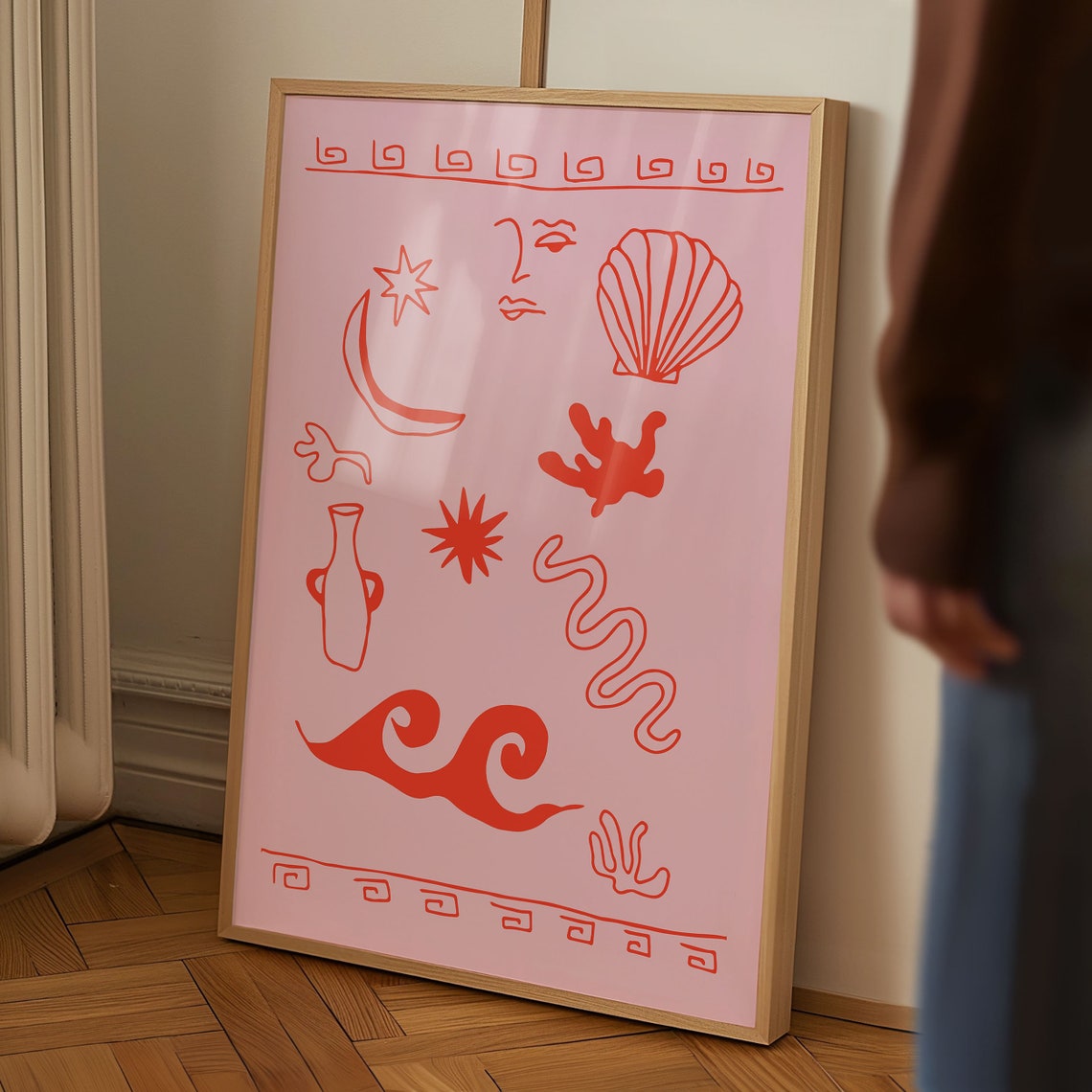 Greek Coastal Icons Red Line Art Beach Pink Shell Moon Poster - Image 5