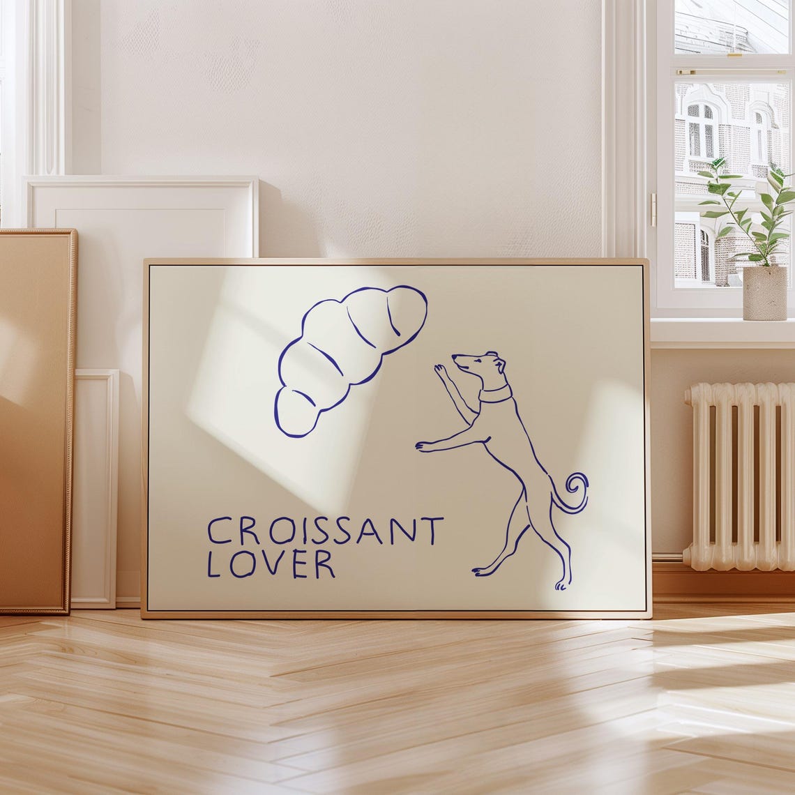 Croissant Lover Whimsical Greyhound Dog Navy Line Art Poster - Image 3