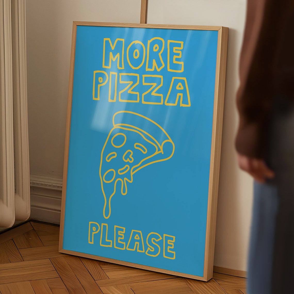 More Pizza Please Yellow On Blue Melting Slice Retro Food Poster - Image 2