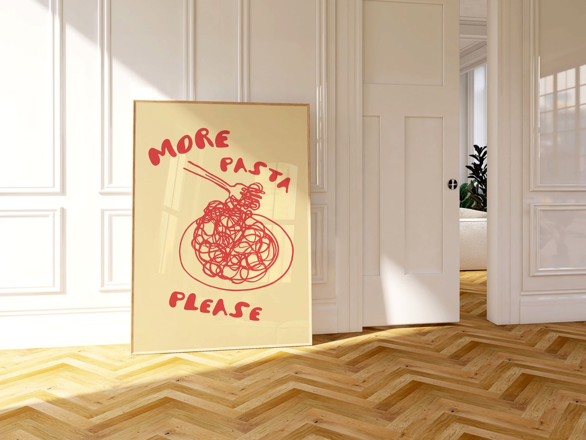 More Pasta Please Red Scribbled Spaghetti Fork Cream Kitchen Poster - Image 2