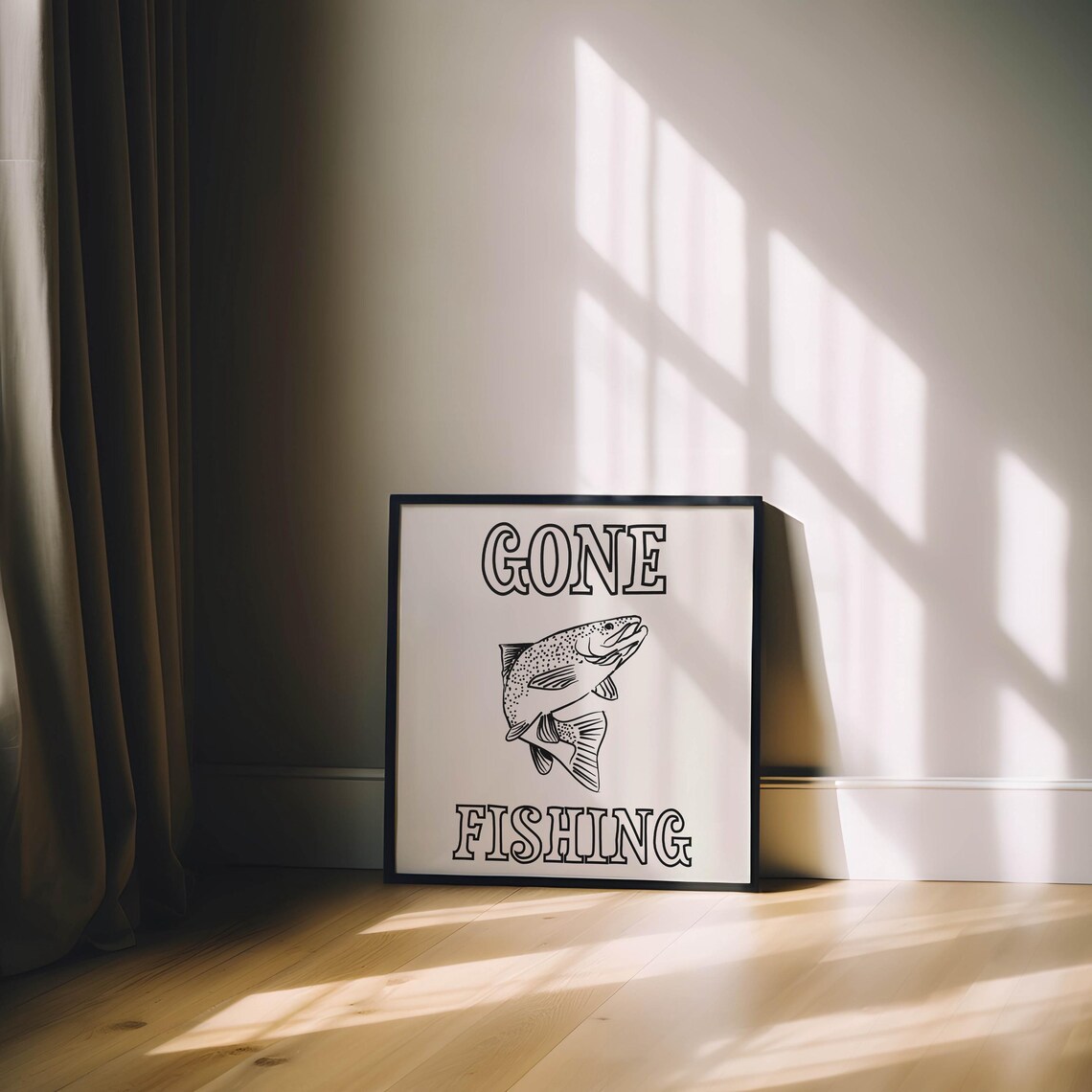 Gone Fishing Leaping Trout Line Art Black Minimalist Cabin Poster - Image 3