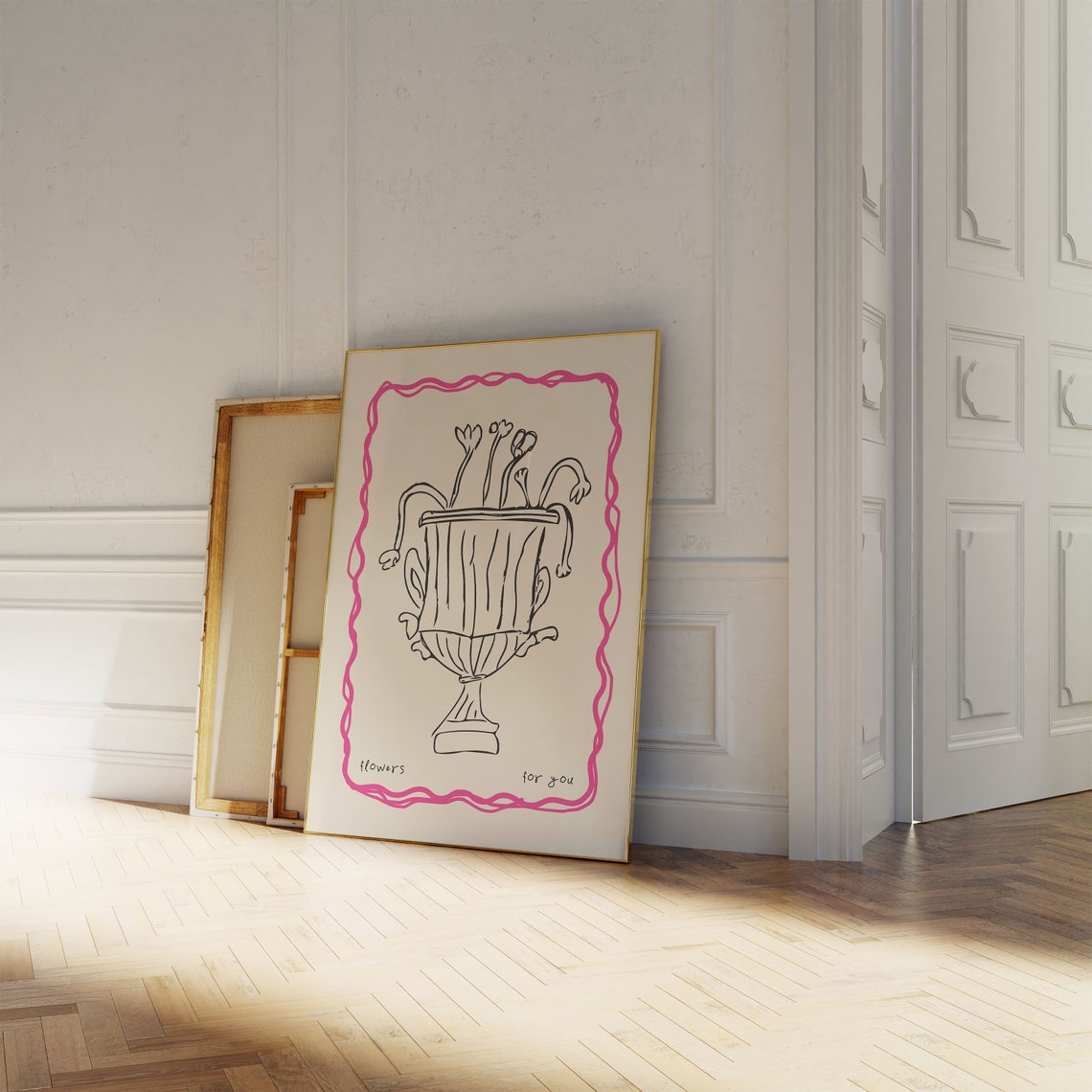 Flowers For You Hand Drawn Urn Pink Wavy Border Romantic Wall Poster - Image 5
