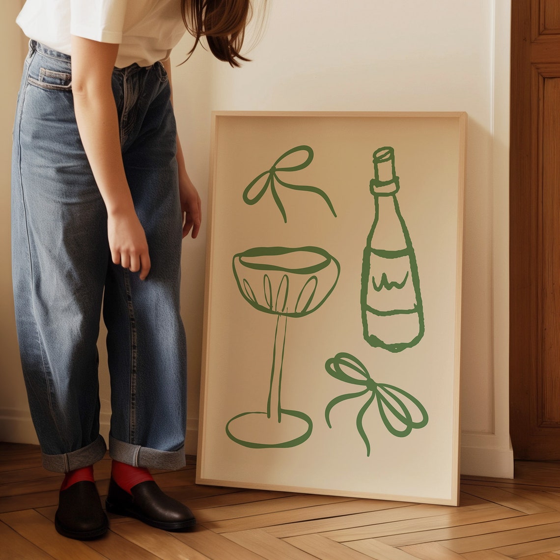 Trendy Green Coquette Bar Cart Cocktail Line Art Kitchen Poster - Image 5
