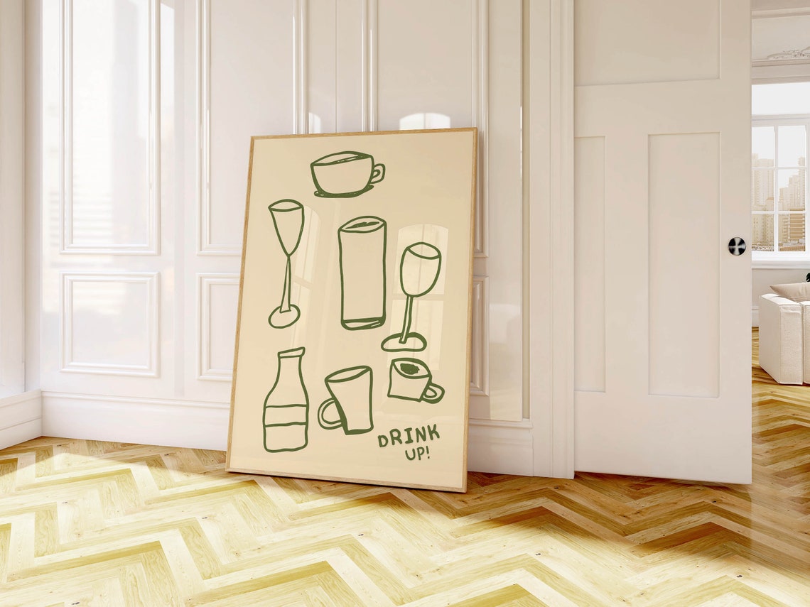 Cream Green Line Art Drink Glasses Drink Up Minimal Bar Poster - Image 2