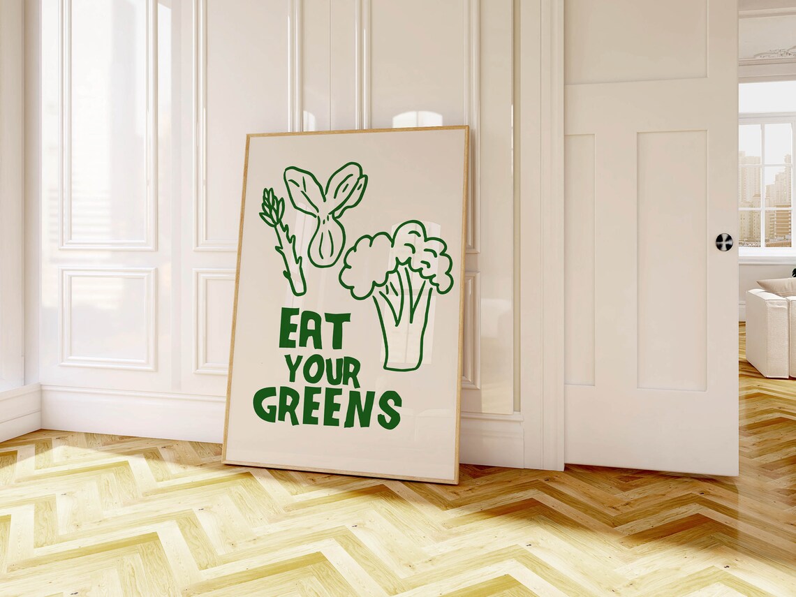 Eat Your Greens Green Vegetable Line Art Funny Kitchen Decor Poster - Image 3