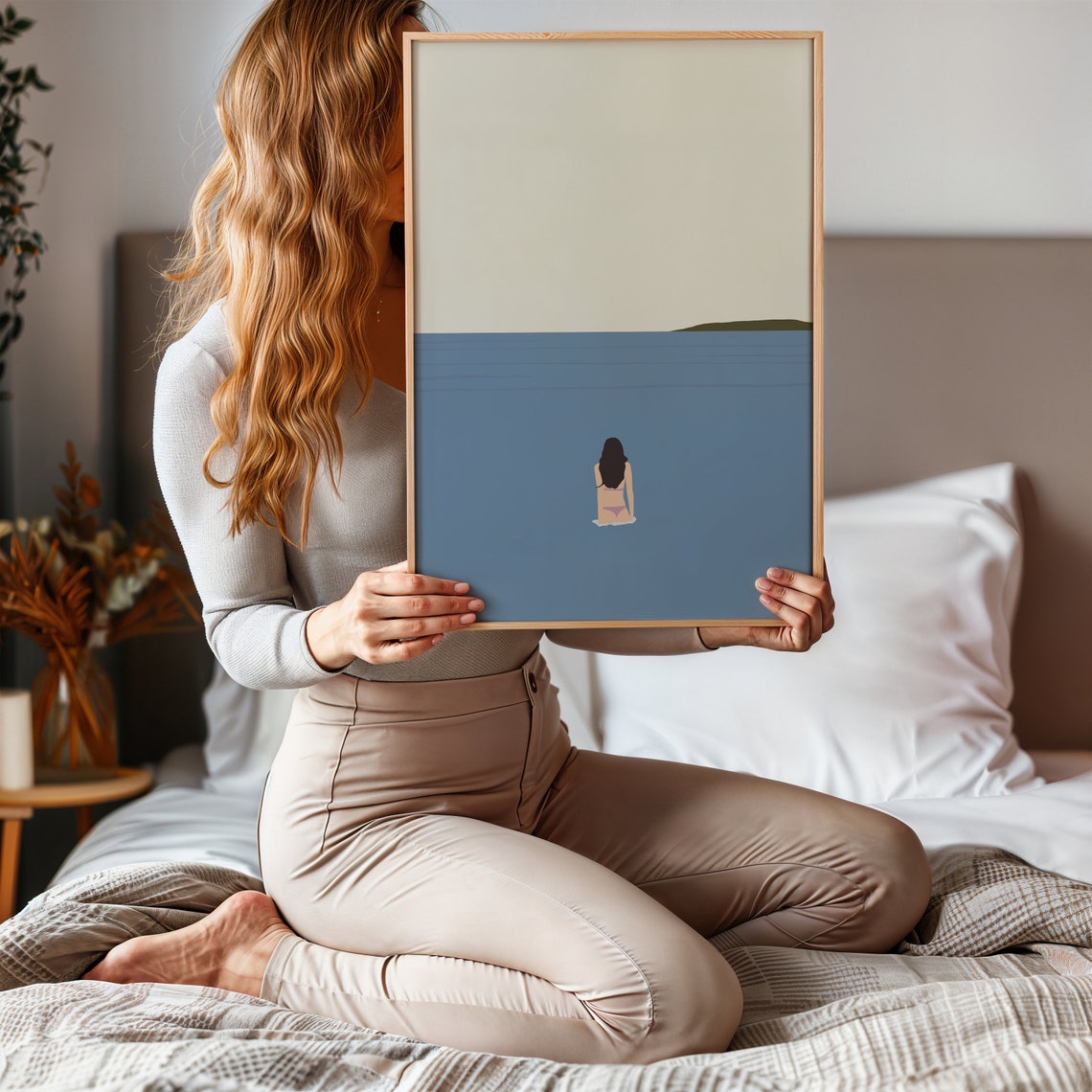 Lone Swimmer Minimalist Ocean Poster Tiny Woman Floating in Blue Sea - Image 2