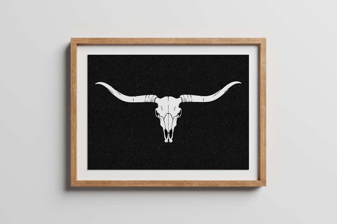 Long Horn Skull Black And White Southwestern Art Print - Image 2