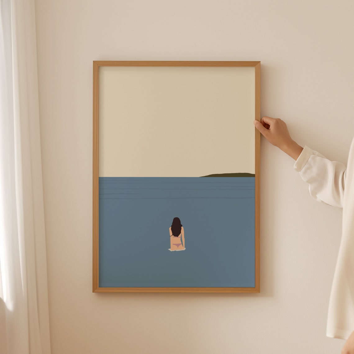 Lone Swimmer Minimalist Ocean Poster Tiny Woman Floating in Blue Sea