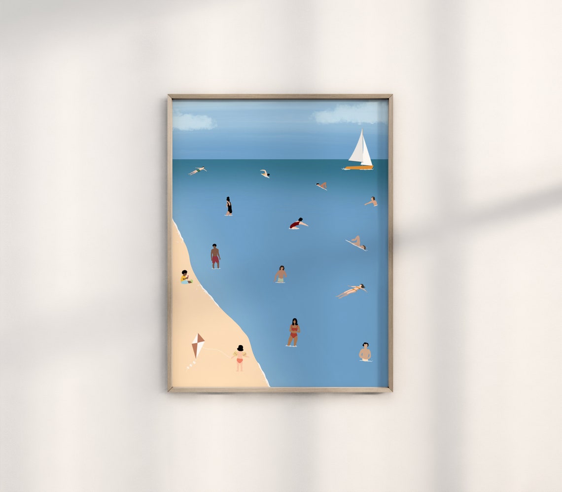 Tiny Swimmers Beach Day Minimalist Ocean Scene Sailboat Kite Poster