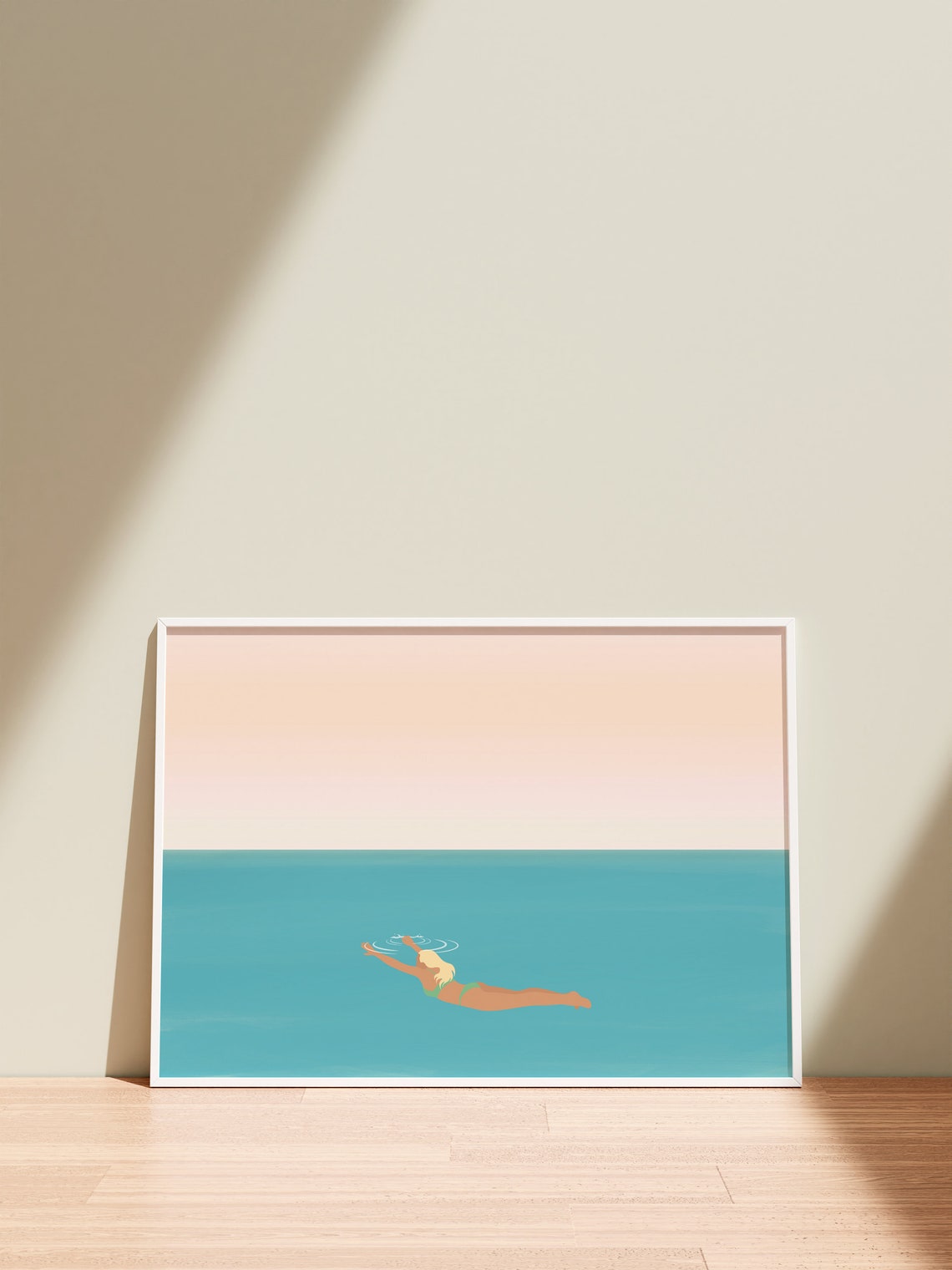 Floating Woman Turquoise Ocean Pastel Pink Sky Minimalist Poster - Image 4