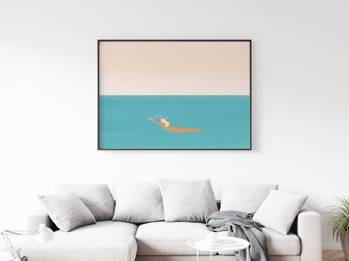 Floating Woman Turquoise Ocean Pastel Pink Sky Minimalist Poster - Image 3