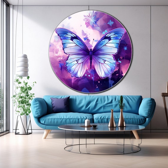 Tempered Glass Butterfly Art Blue Round Glass Butterfly Glass Paint Wall Hanging Uv Printed Round Gift For Her Animal Wall Decor