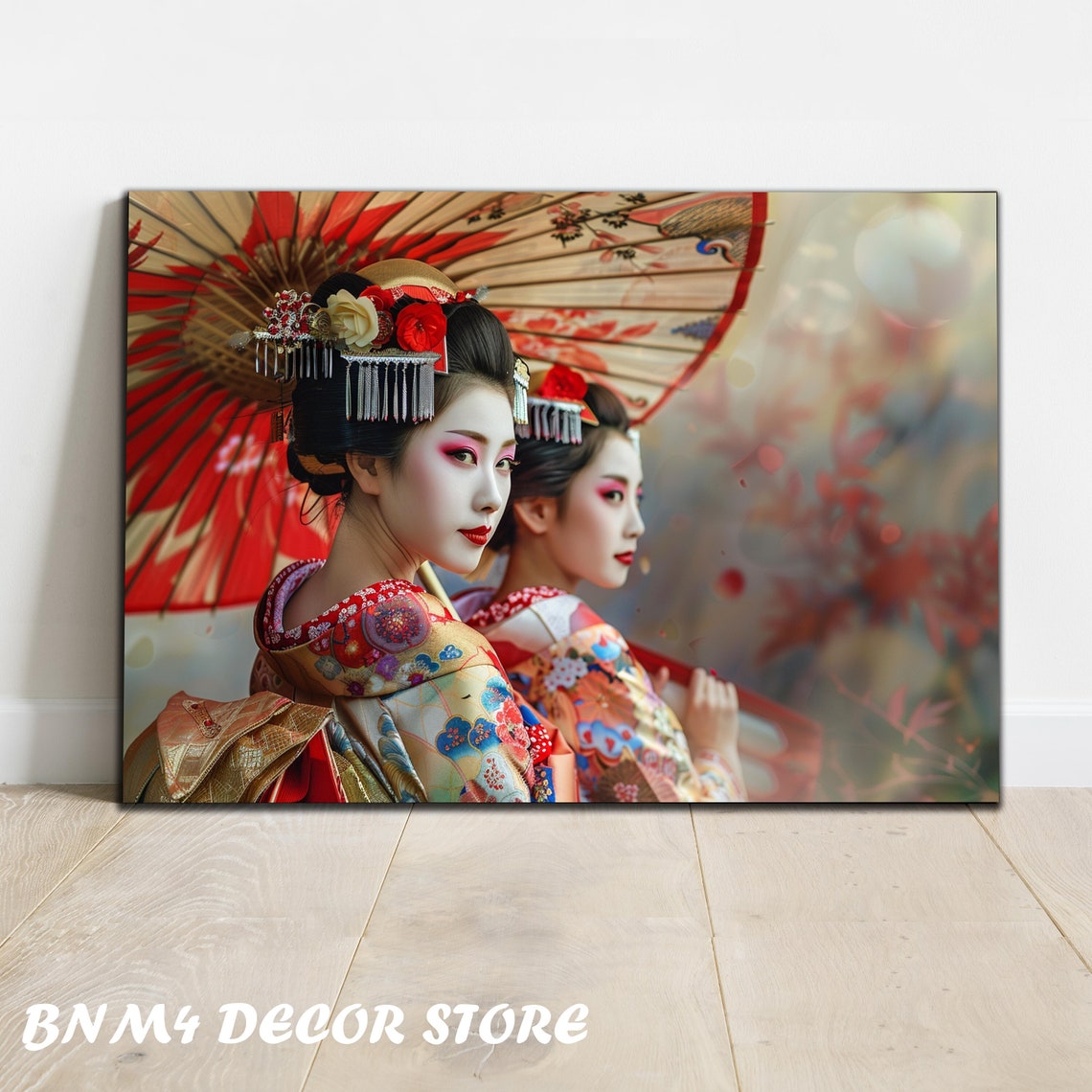 Two Japanese Geishas Colorful Kimono Red Umbrella Blossom Art Poster