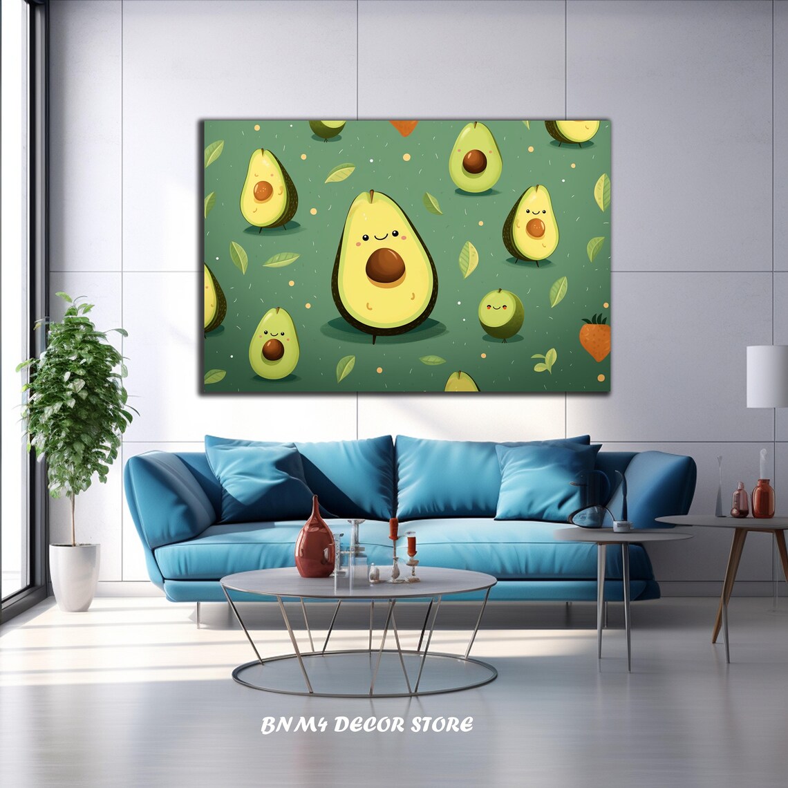 Happy Avocado Friends Green Meadow Cute Food Kitchen Wall Art