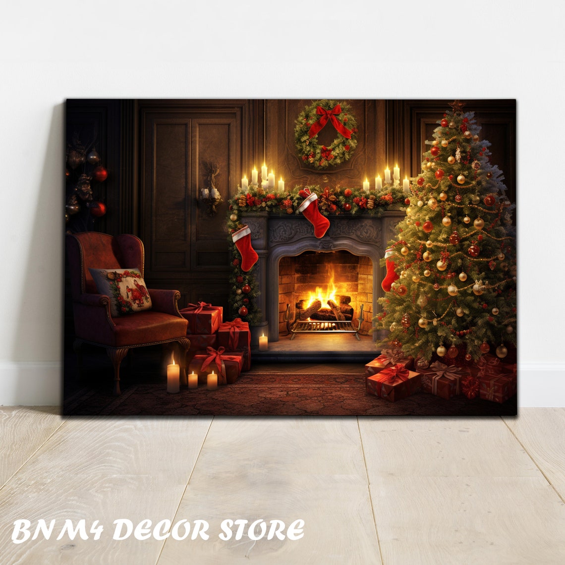 Cozy Christmas Living Room with Fireplace Tree and Stockings Poster