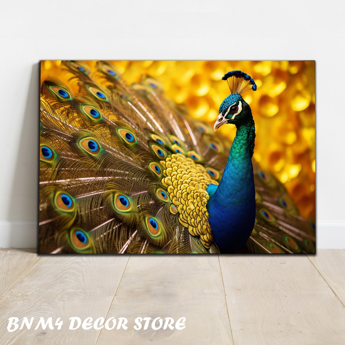 Golden Peacock Portrait Glowing Feathers Royal Luxury Bird Poster