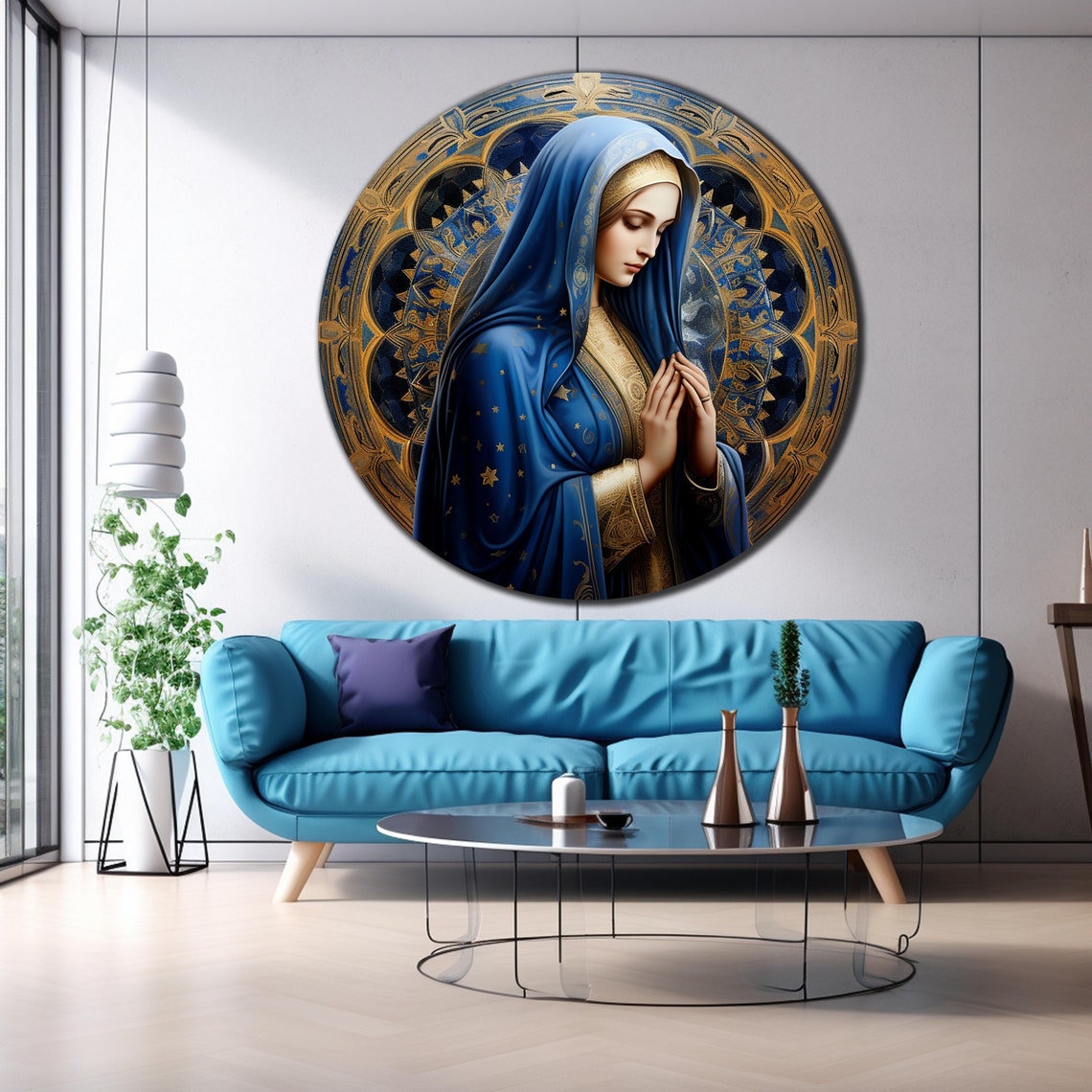 Virgin Mary Blue Robe Praying Golden Halo Catholic Devotion Art Poster