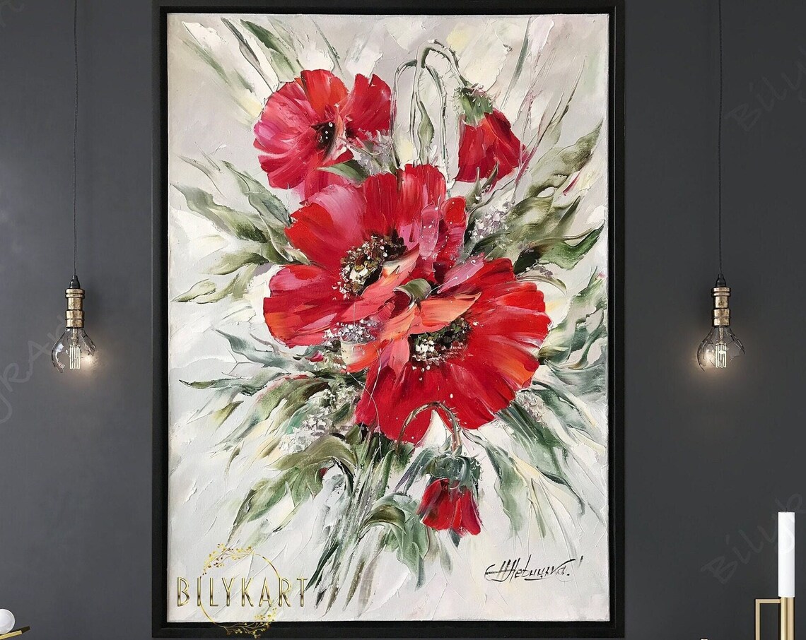 Red Poppy Oil Painting Floral Wall Art Print for Mom