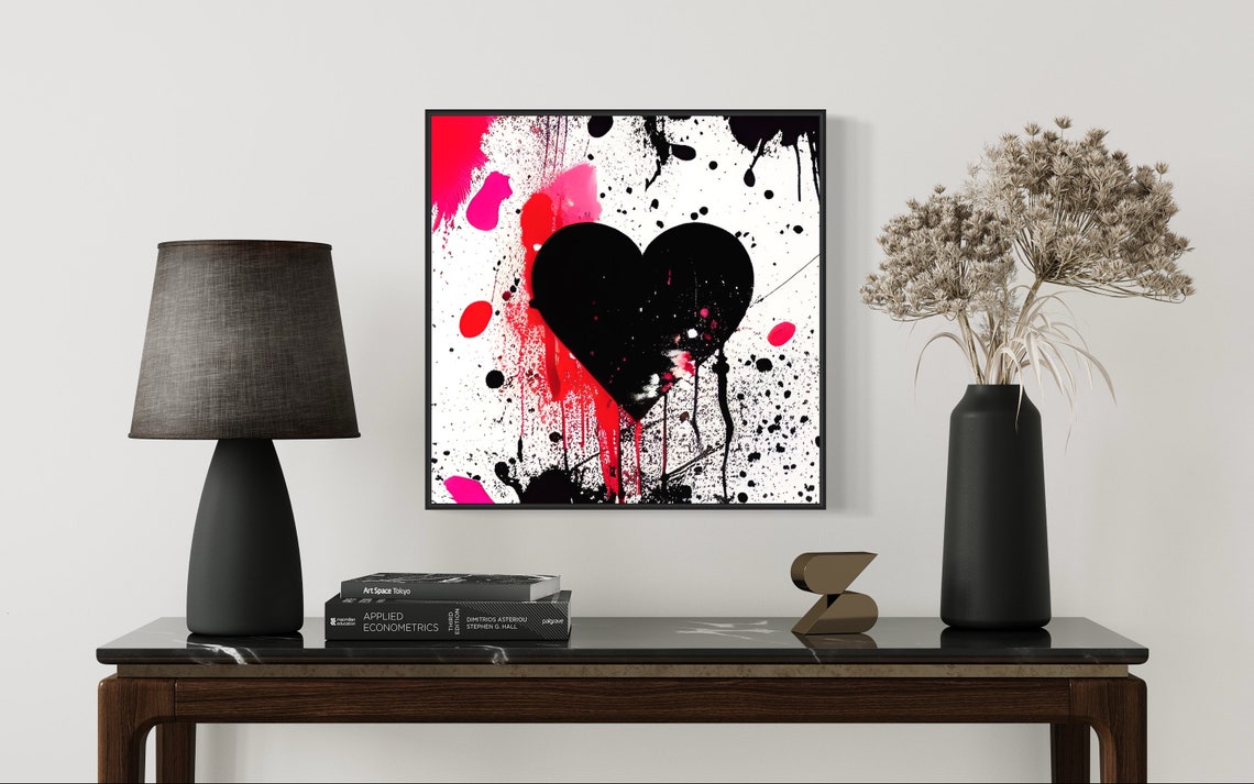 Black Heart Graffiti Splatter Art Poster in Pink Red and White - Image 3
