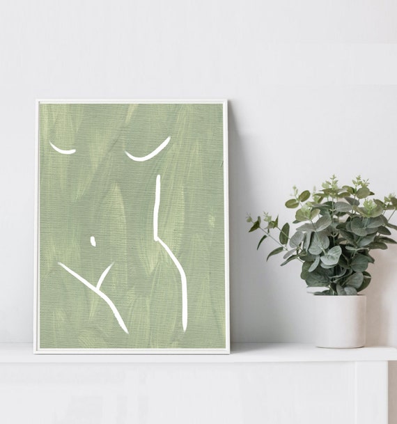 Green Wall Art Woman Print, Light Abstract Decor