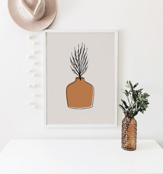 Art Abstract Botanical Print Boho Wall Potted Plants Burnt Orange Terracotta Minimalist Plant
