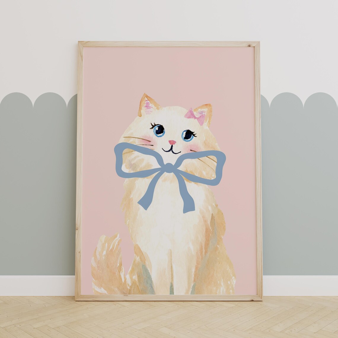 Whimsical Cat Prints Blue Bow Print Lover Nursery Cute Kitten Illustration Wall Artcat Room Decor Themed