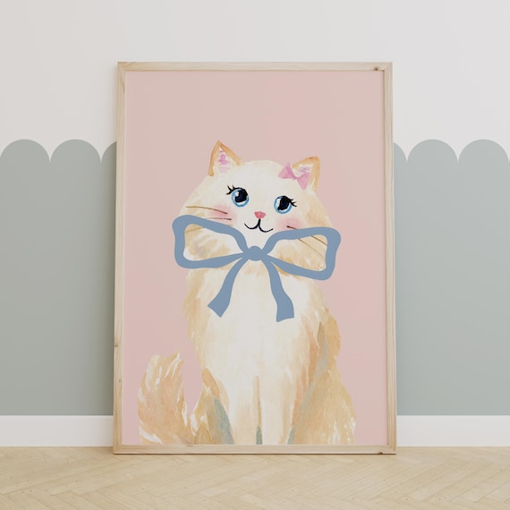 Sweet White Kitten with Blue Bow Watercolor Poster on Blush Pink Background