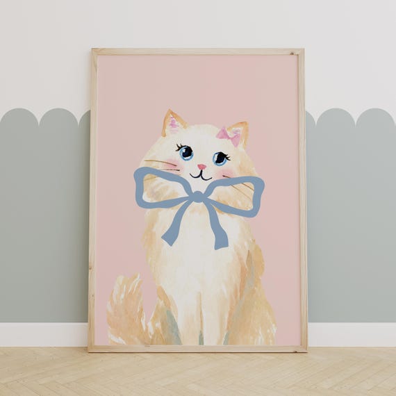 Whimsical Cat Prints Blue Bow Print Lover Nursery Cute Kitten Illustration Wall Artcat Room Decor Themed