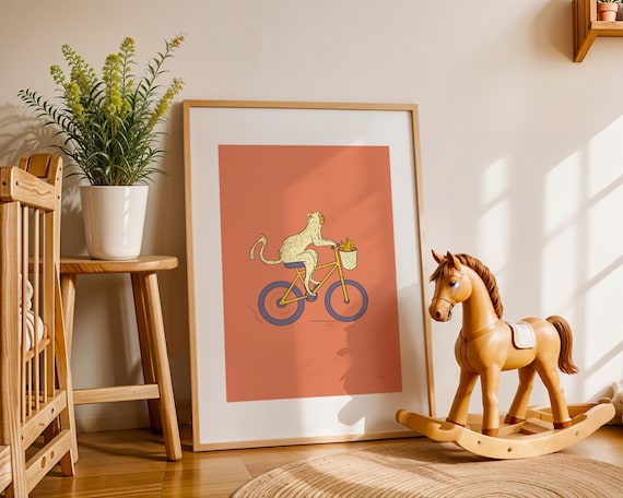 White Monkey Riding Yellow Bicycle Cute Funny Animal Kids Poster