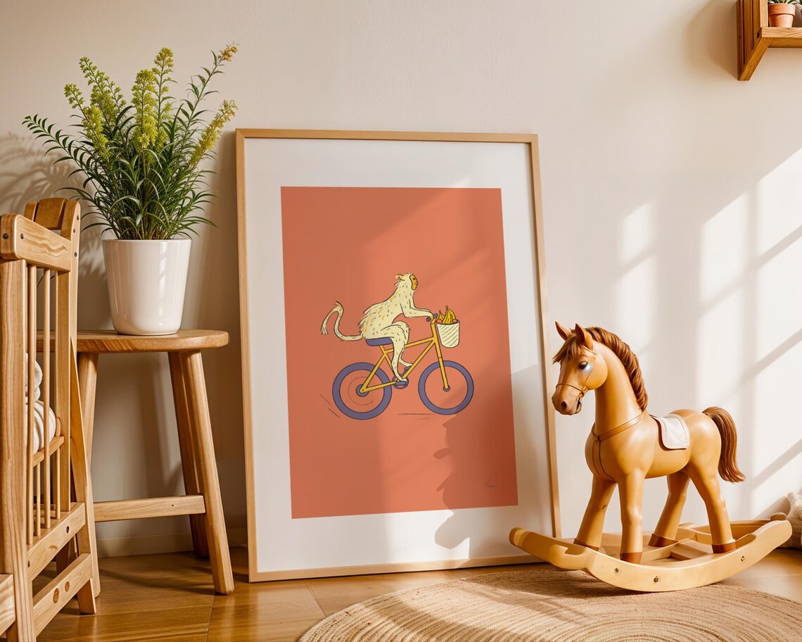 White Monkey Riding Yellow Bicycle Cute Funny Animal Kids Poster