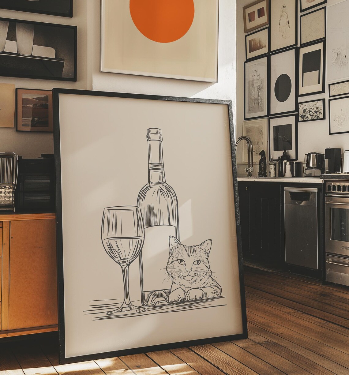 Cat Sitting Beside Wine Bottle and Glass Funny Kitchen Line Art Poster - Image 3