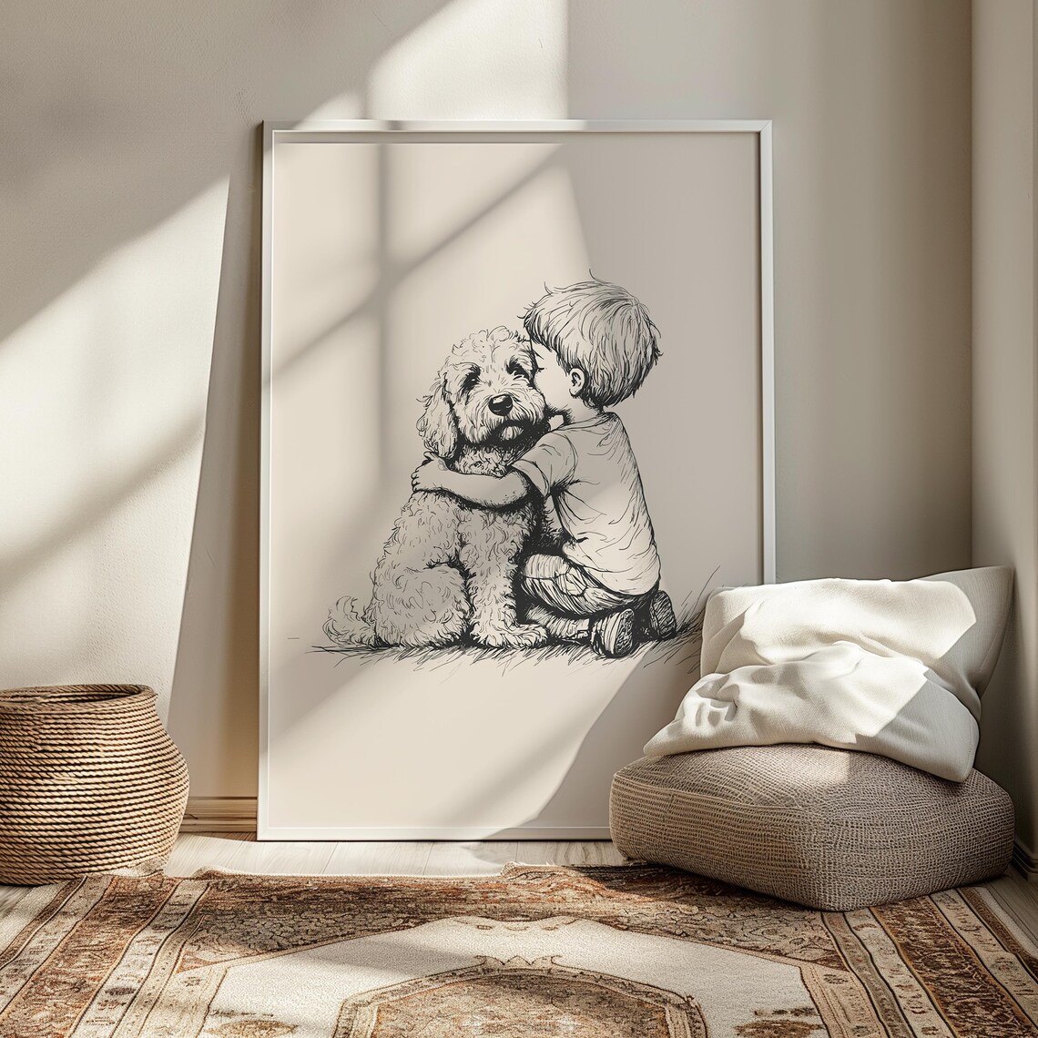 Boy With Goldendoodle Art Dog Vintage Poster Nursery Retro Painting Dog Drawing Dog Wall Art Doodle Puppy Wall Decor Baby Room Print - Image 2
