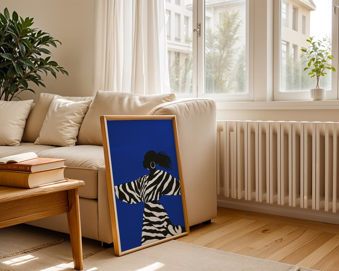 Dancing Woman In Zebra Striped Dress Against Cobalt Blue Poster - Image 2