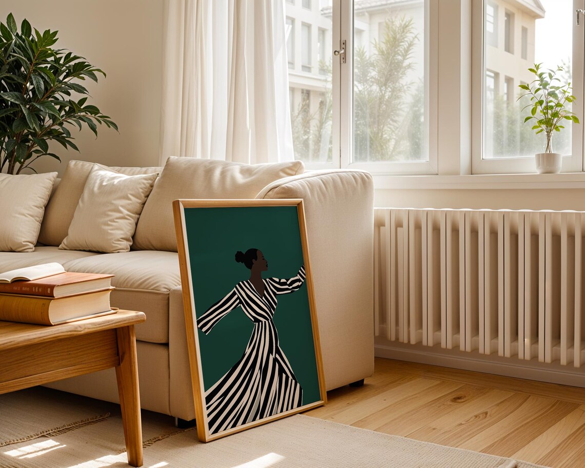 Joyful Dancing Woman In Flowing Striped Dress Emerald Poster - Image 3