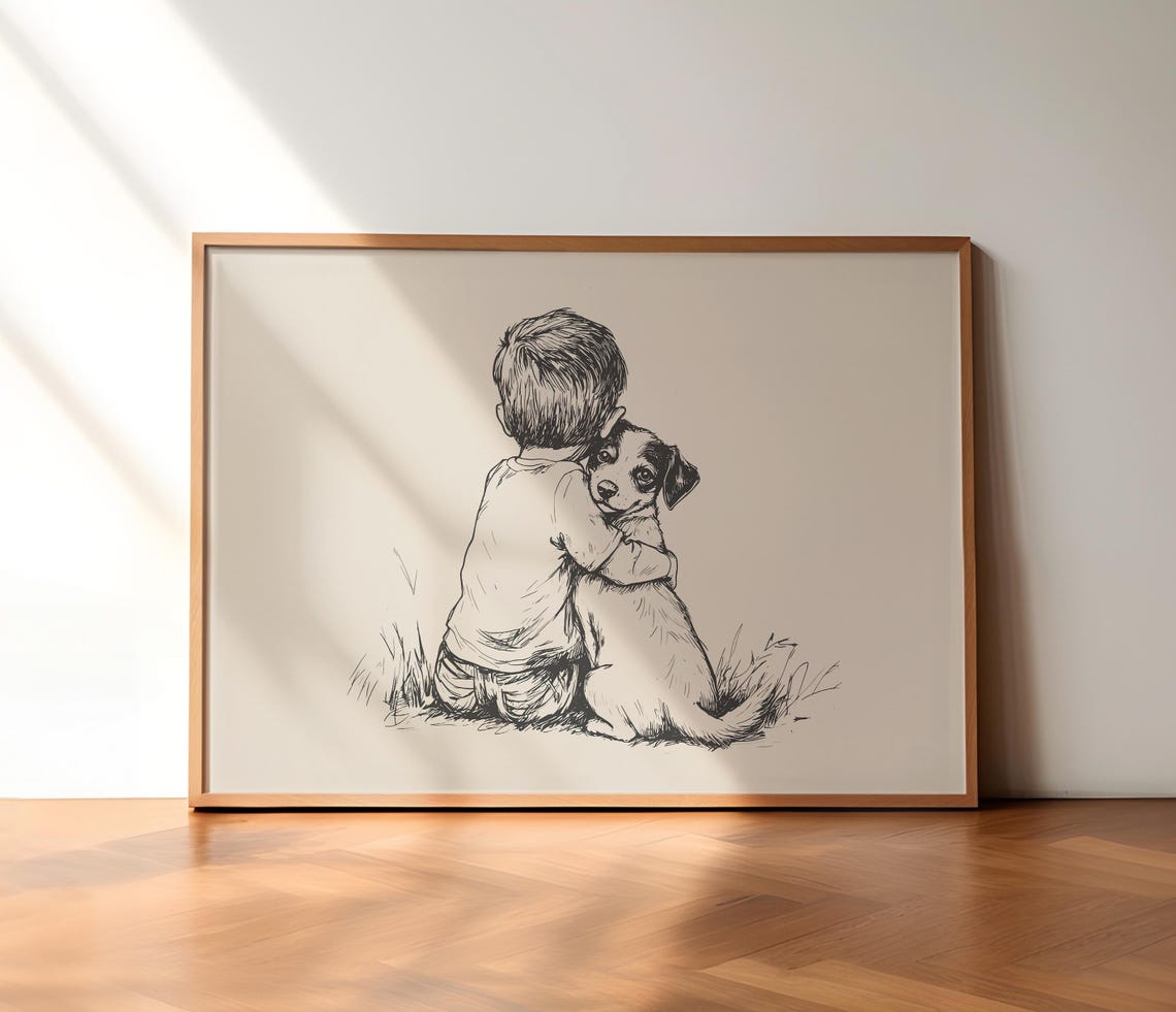 Boy And A Jack Russell Nursery Print Dog Vintage Art Retro Puppy Painting Farmhouse Decor Country Wall Art Dog Drawing Dog Wall Art - Image 2