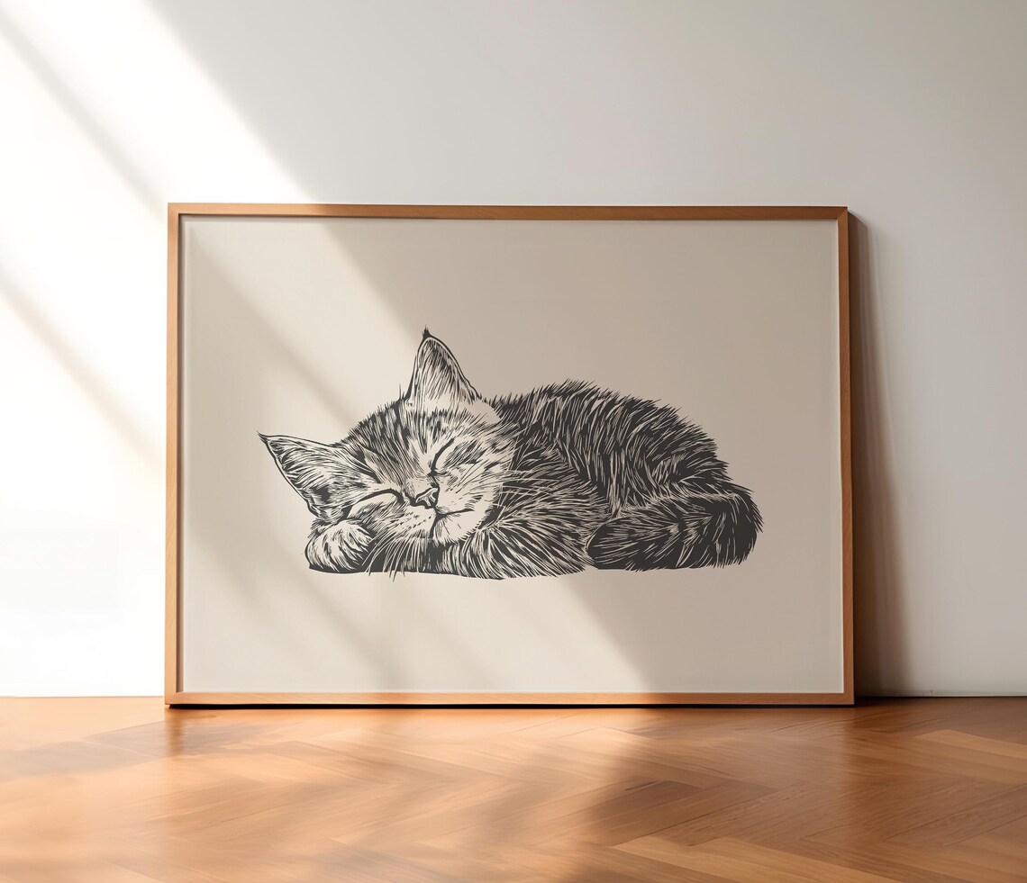 Sleeping Tabby Kitten Ink Sketch Cozy Curled Up Cat Art Poster - Image 2